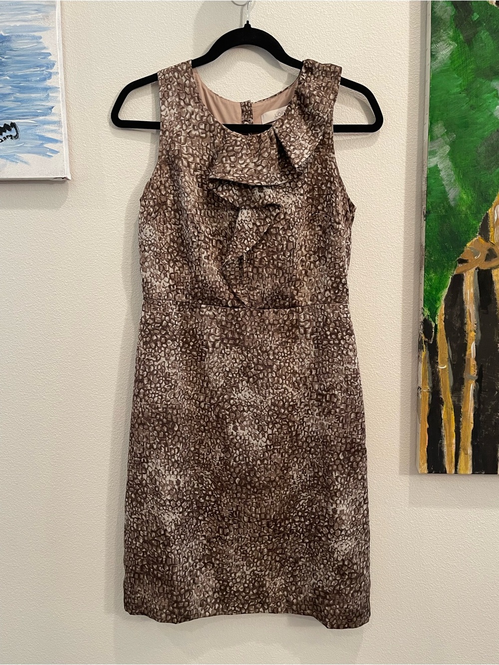 LOFT Brown Printed Ruffle Sheath Dress